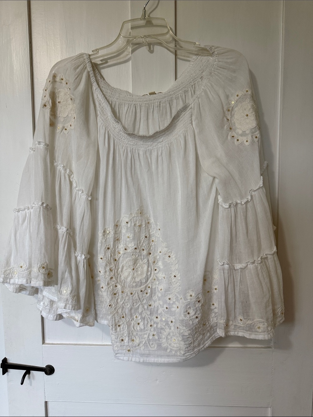 White Embroidered Bell-Sleeve Peasant Blouse
